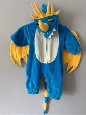 Baby Dragon Halloween Costume 3-6 Months Blue Plush Jumpsuit Hood Wings Tail